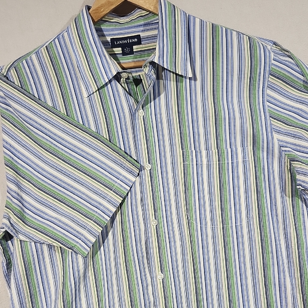 Lands' End Men's Multi-Striped Casual Button Short Sleeve Shirt Large‎ 16-16 1/2